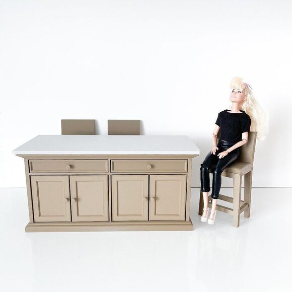 Barbie Integrity Doll Oak Kitchen Island 1:6 Scale 3 Matched Chairs 3D Printed - Picture 1 of 14